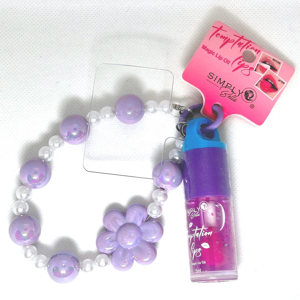 Simply Bella Temptation Lips Magic Lip Oil Phone Wristlet Purple #03 NWT